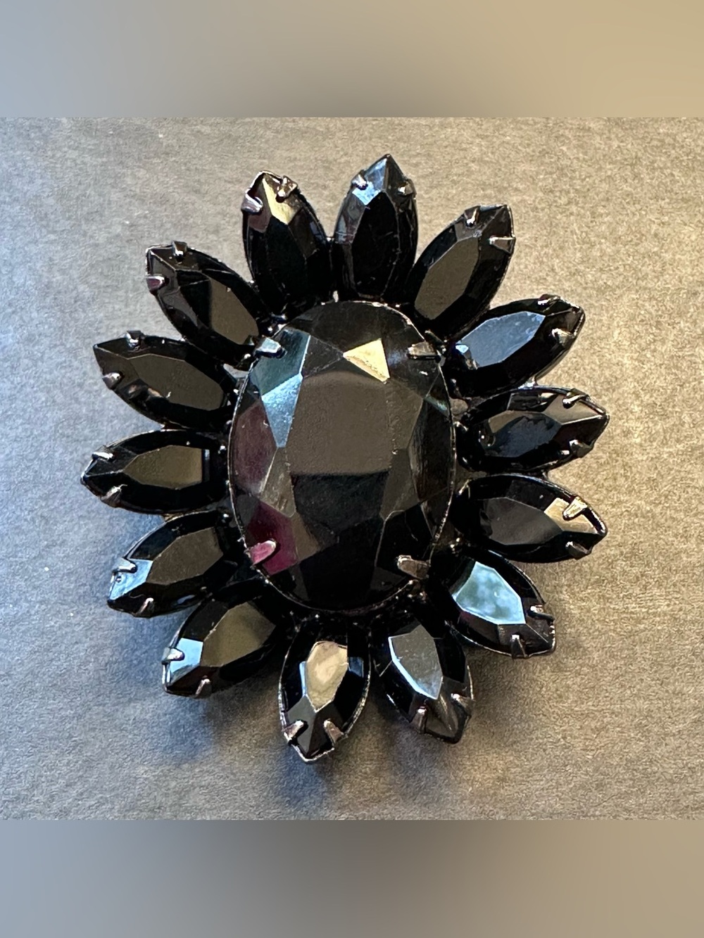 Vintage Jet Black Crystal Rhinestone Sunburst Statement Brooch Halloween Pin 2"